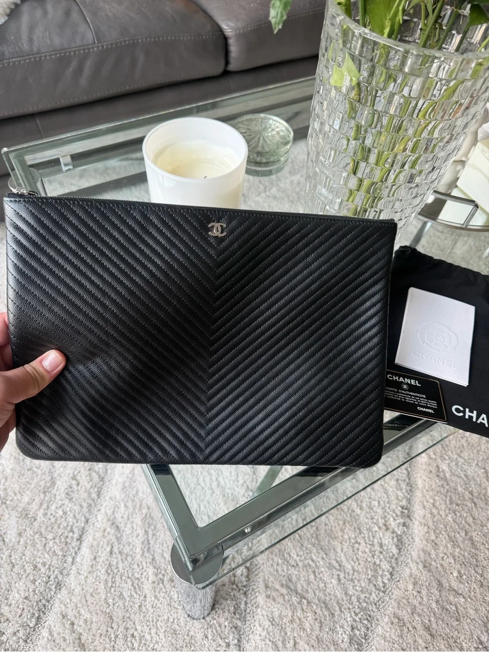 CHANEL Black Chevron Quilted Leather O Case Large with Silver CC